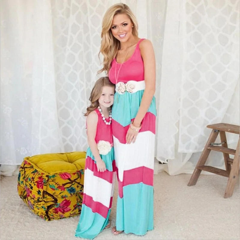 

VOGUEON Mother and Daughter Clothes Summer Sleeveless Striped Family Matching Dresses Mommy and Me 6 Colors Maxi Dresses Outfit