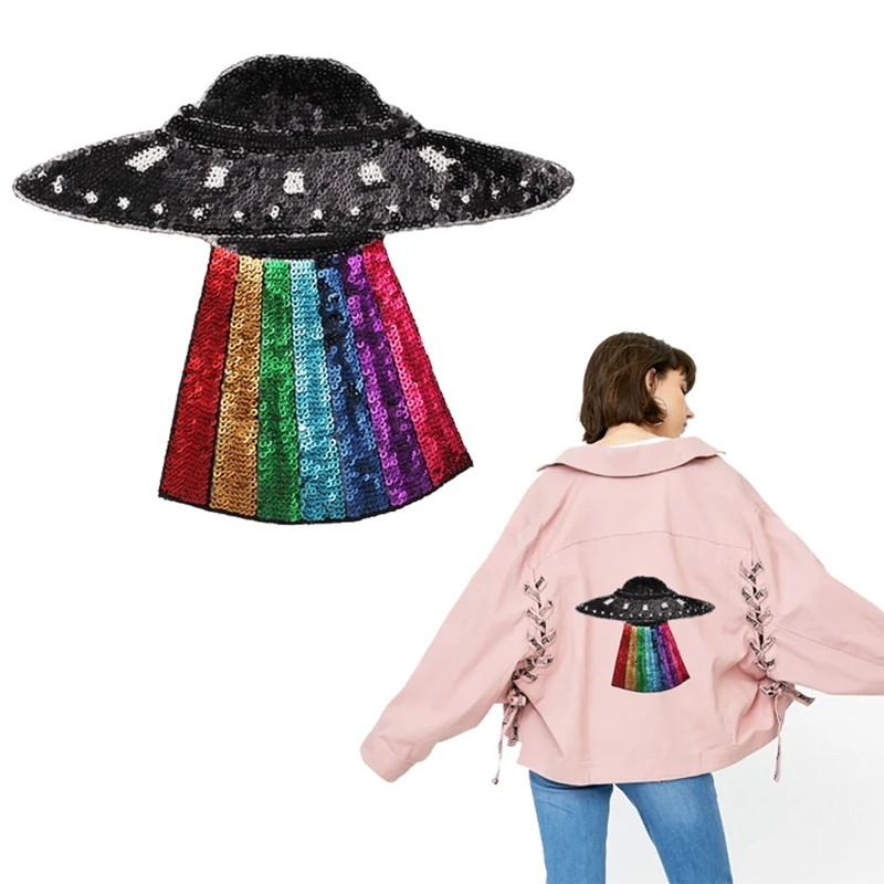 

High Quality Large Sequins Space Patch Iron on Ufo Universe Applique Planet Patch for T-shirt Garment DIY Apparel Accessories