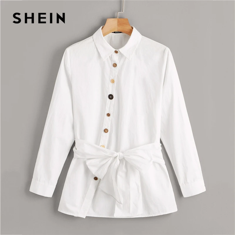 SHEIN Button Front Belted Blouse White Solid Long Sleeve Blouse Casual Women Clothes Spring Autumn Blouses