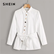 SHEIN Button Front Belted Blouse White Solid Long Sleeve Blouse Casual Women Clothes Spring Autumn Blouses