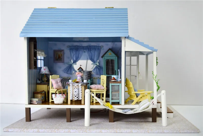  TOP Brand DIY 3D Wooden Doll house miniature with LED+Furniture Beach Villa Tanabata Valentine's Day Room for children Lover  (4)