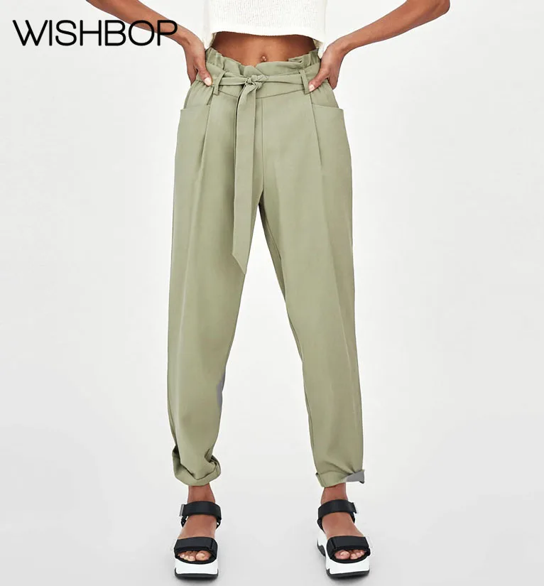 New Women Khaki Paperbag Trousers With Gathered Elastic Waistband- Lady Pleated Pants With Waist Tied Belt& Turn-up Hems