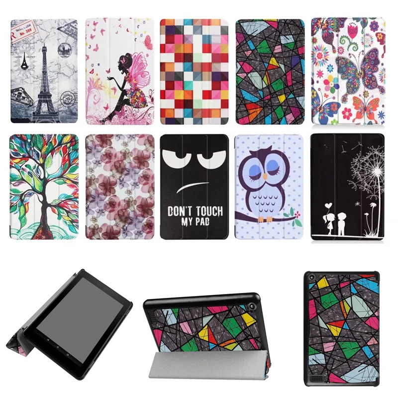 

New Slim Painted 3-Fold Coque For Kindle Fire 7 2017 Case Flip Bracket Stand PU Cover for Amazon New Kindle Fire 7 2017 Case