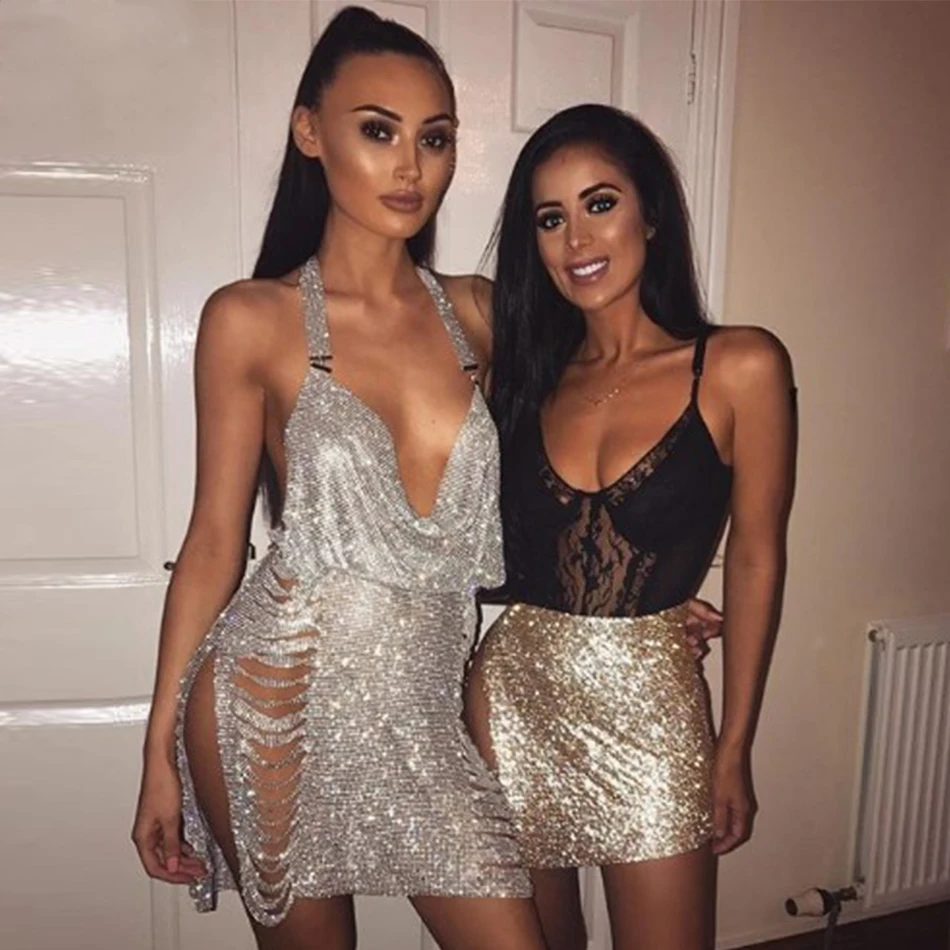 Summer Dresses 2018 New Arrivals Women Halter Sexy silver  Dress Rib Hollow Out Bodycon Dress Club Party