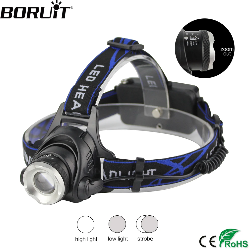 

BORUiT A6 1200LM XML-T6 LED Headlight 3-Mode Zoomable Headlamp Waterproof Head Torch Hunting Fishing Flashlight by 18650 Battery