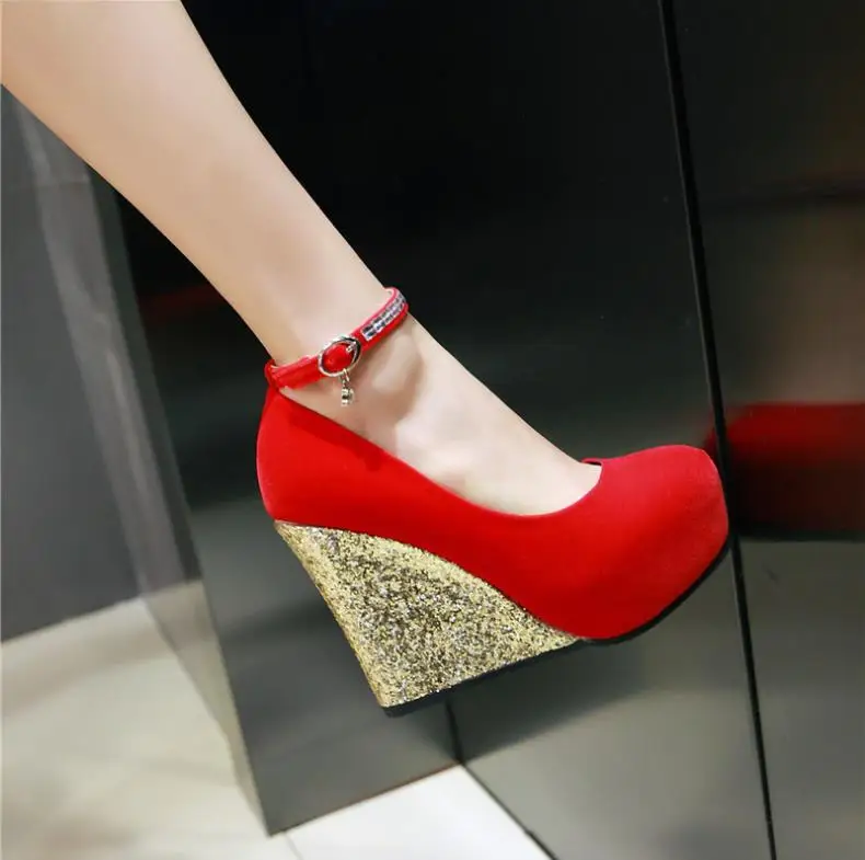 White wedding shoe slope and water drill red wedding word buckle waterproof platform super high heels