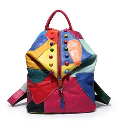2019 овчина рюкзак в стиле пэчворк сумка заклепки цвет блок натуральная кожа сумка разноцветный рюкзак