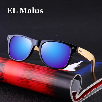 

[EL Malus]UV400 Square Frame Wooden Sunglasses Men Male Gray Silver Blue Lens Mirror Retro Brand Designer Wood Sun Glasses