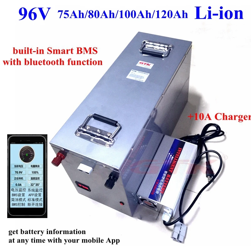 

New 96V 75Ah/80Ah/100Ah/120Ah lithium ion battery BMS with bluetooth for motorcycle/RV/energy sotrage/Robot+109.2V 10A Charger