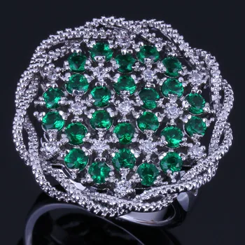 

Admirable Big Flower Green Cubic Zirconia White CZ Silver Plated Stamped 925 Ring V0519