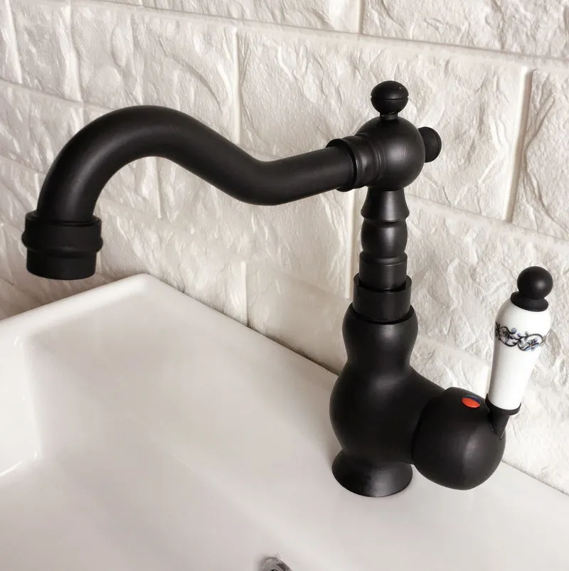 Kitchen Wet Bar Bathroom Vessel Sink Faucet Black Oil Rubbed Bronze One Handle Swivel Spout Mixer Tap Single Hole mnf357