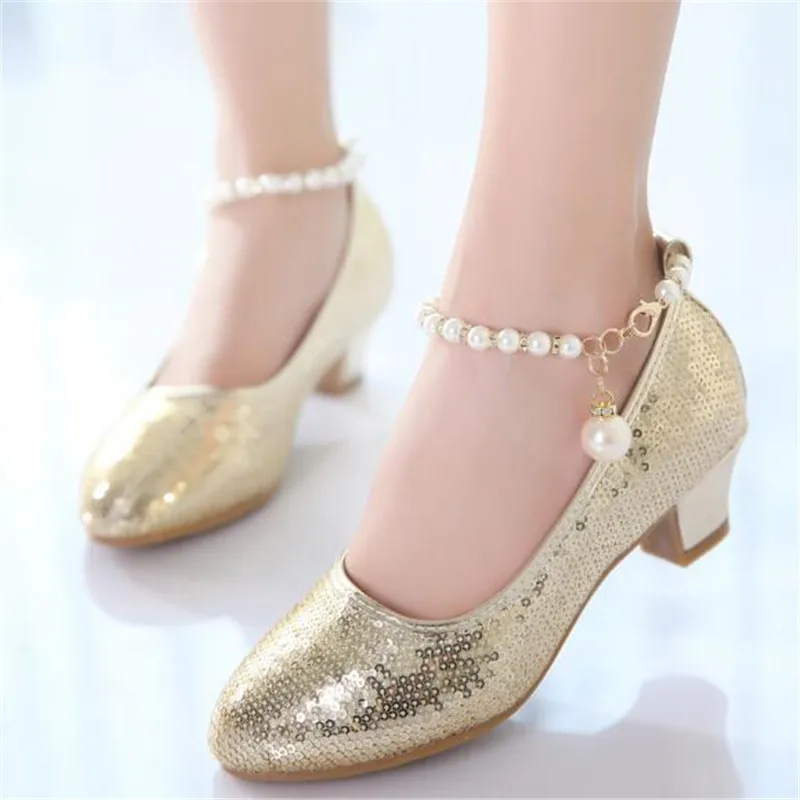 Новая весенне-Осенняя обувь принцессы с блестящими цепочками и жемчужинами для девочек, кожаная обувь для маленьких детей, Студенческая обувь на высоком каблуке 02 - Цвет: Золотой