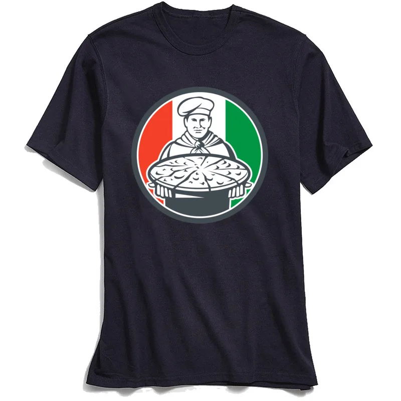 Funny Summer Autumn Cotton Fabric O Neck Tees Short Sleeve Funny Tops & Tees Designer Party T-Shirt Top Quality Italian Chef Cook Serving Pizza Circle Retro navy