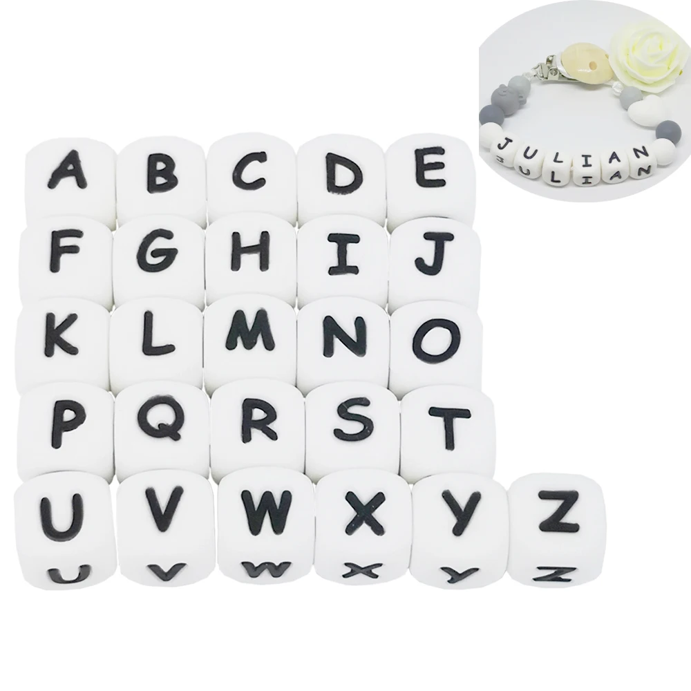 Pacifier Chain Silicone Beads Alphabet Letter Bead DIY 12mm Silicone Cube Teether Beads for DIY Name on Pacifier Clip 100pcs/bag Teething Toys Pacifier Clip Pacifier Chain Pacifier Accessories Teether Clip Teething Beads Baby Silicone Accessories