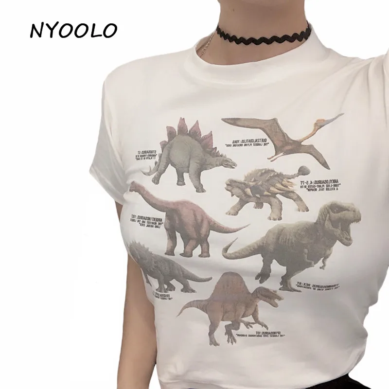 

NYOOLO Summer funny dinosaur print short cotton tee shirt Casual streetwear short sleeve t shirt women clothing crop top