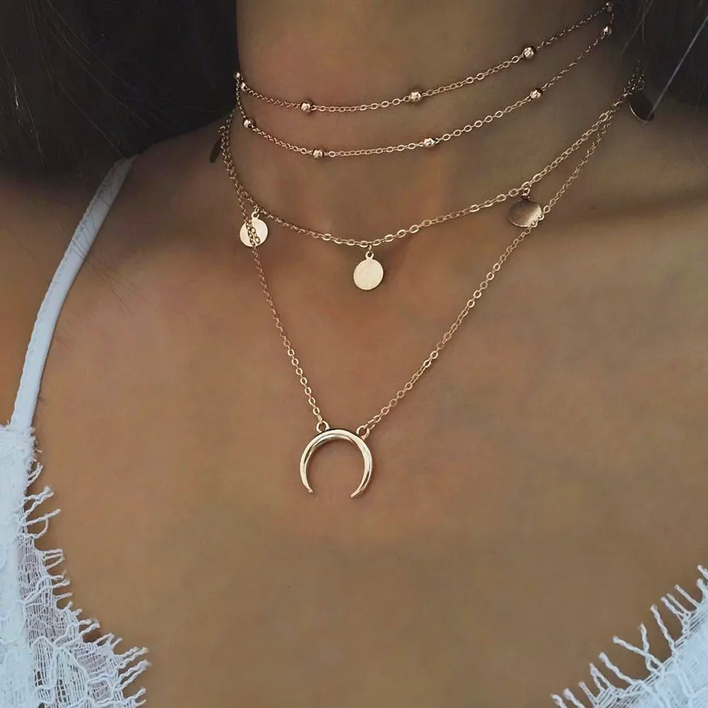 Retro Moon Choker Fashion Multi-layer Small Round Piece Dangler Necklace Bohemian Style Vintage Statement For Women New2019 | Украшения и