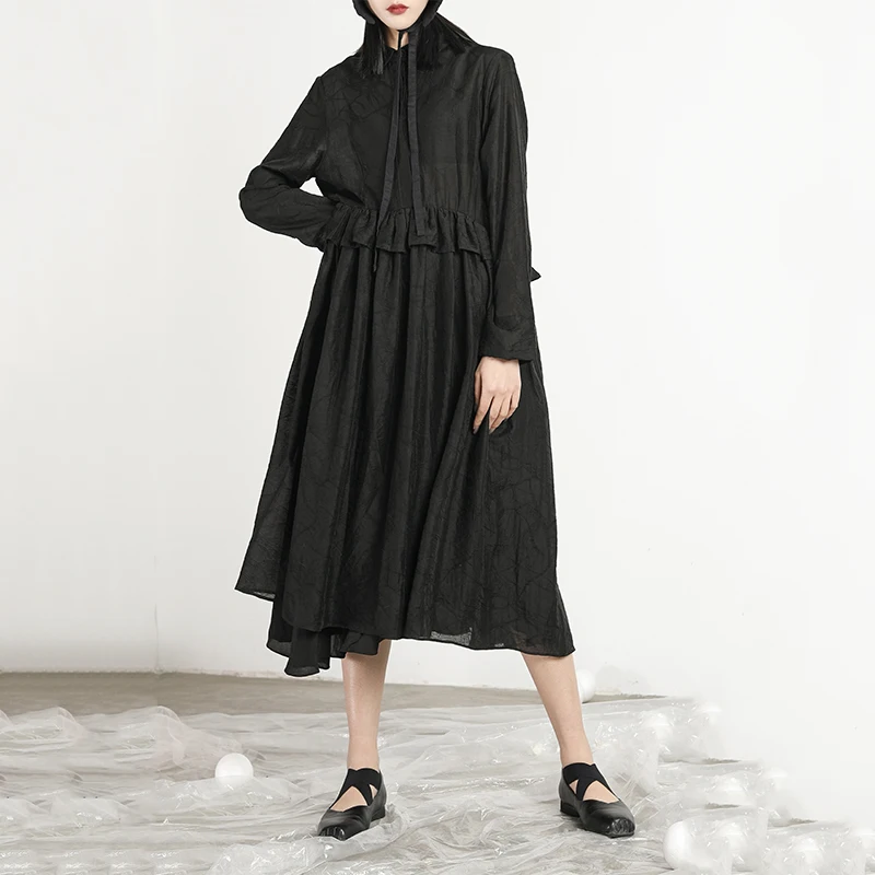 [DEAT] New Spring Summer Lapel Long Sleeve Black Loose Waist Ruffles Split Joint Loose Dress Women Fashion Tide JR334