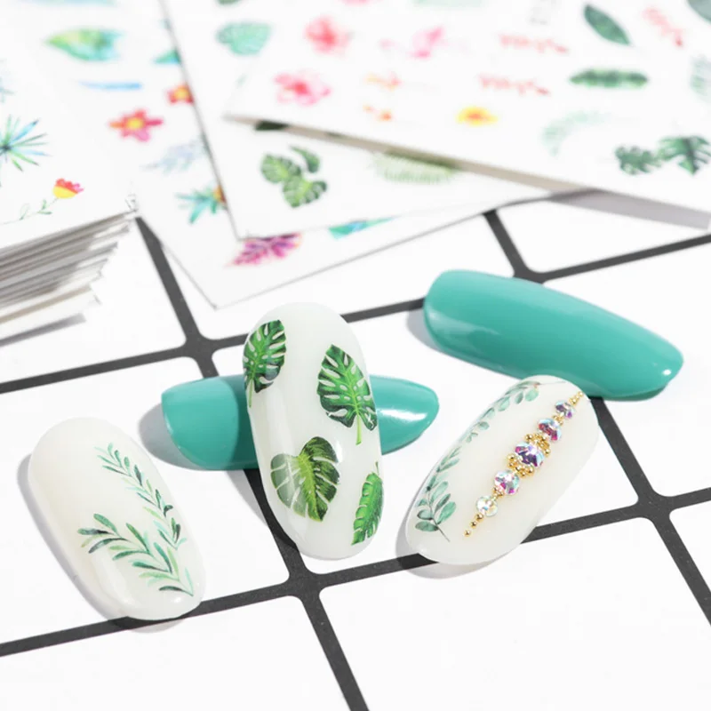 Fashion 29pcs Water Sticker Simple Green Black Leaf Nail Polish Flower Flamingo Slider Manicure Nail Art Decoration Wraps Set