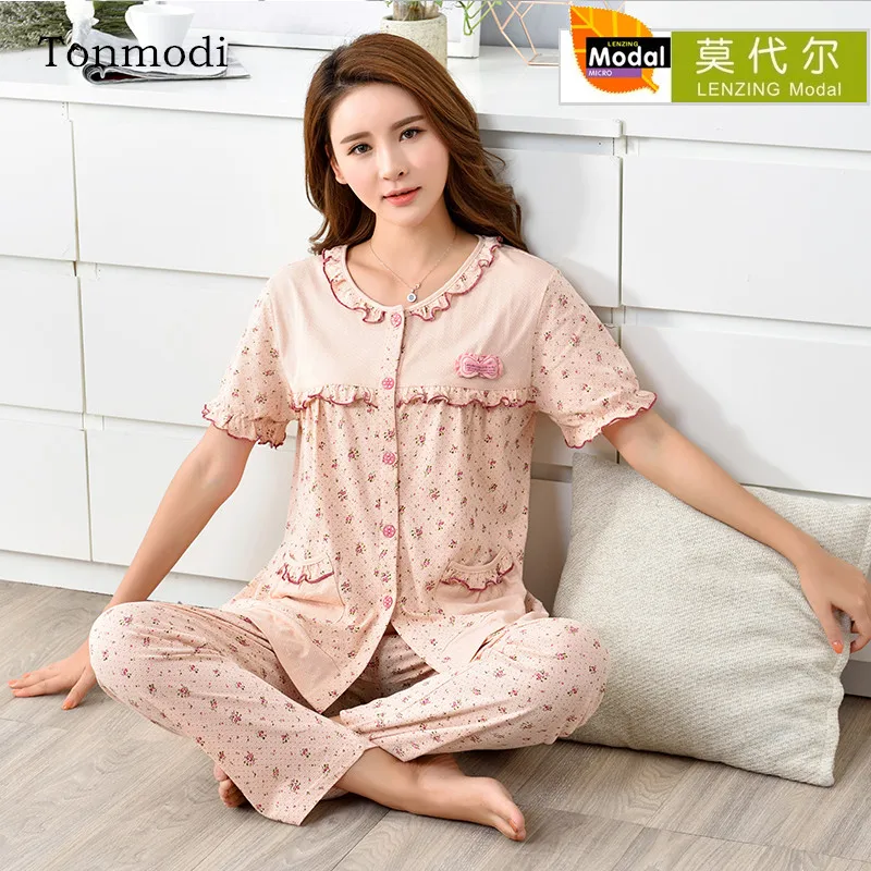 Pajamas For Women Summer Modal Sleepwear Short Sleeve Trousers Pajamas