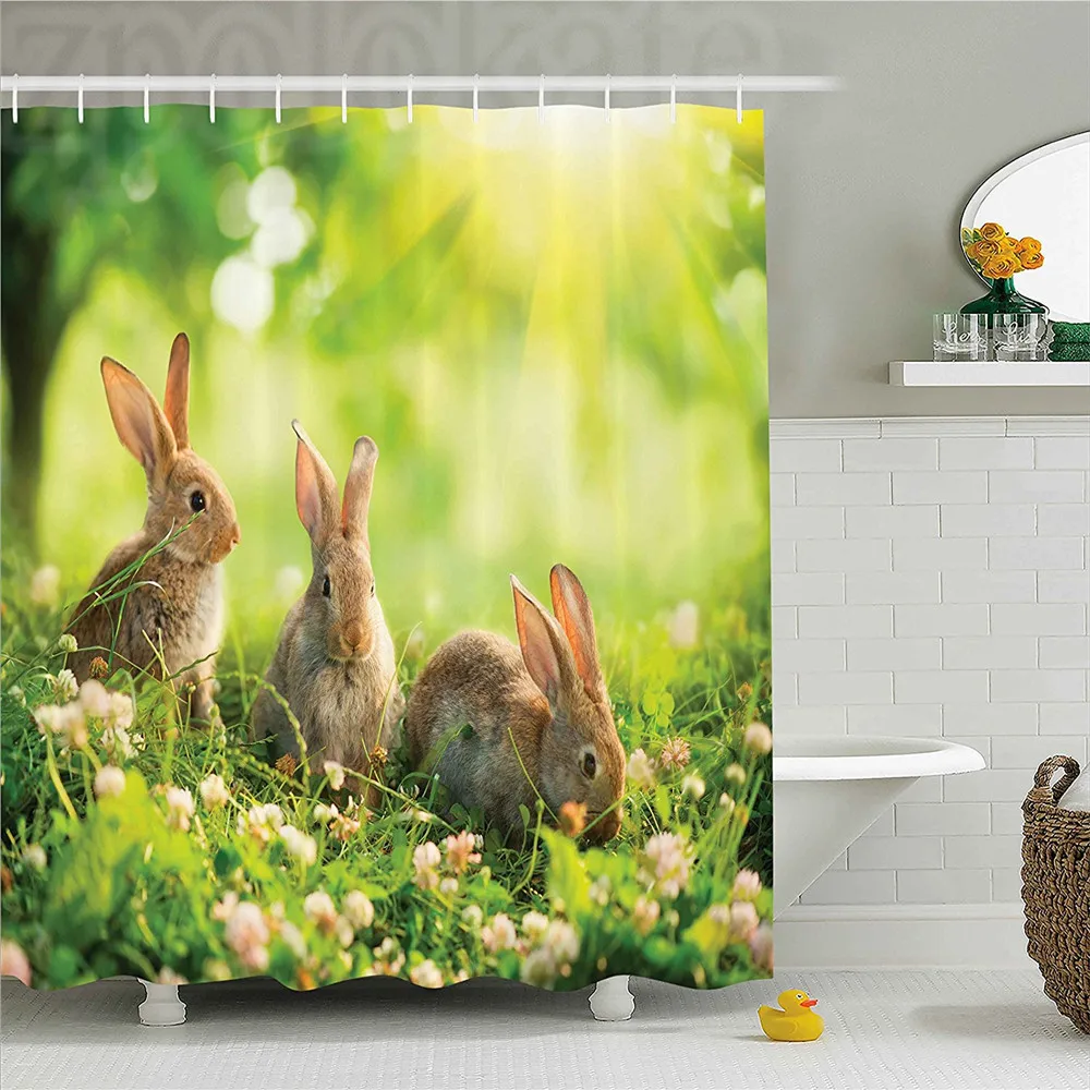 Animal Decor Shower Curtain Funny Fluffy Rabbits Bunny Family on Daisies Grass Easter Meadow