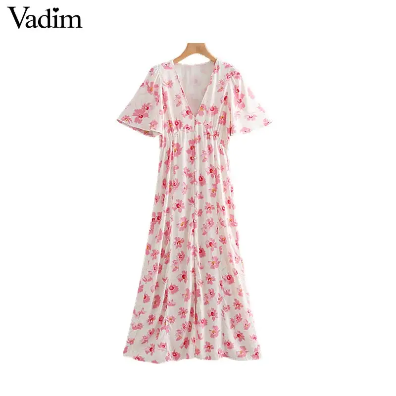 

Vadim women floral print V neck ankle length dress flare sleeve high waist female summer sweet casual long dress QB600