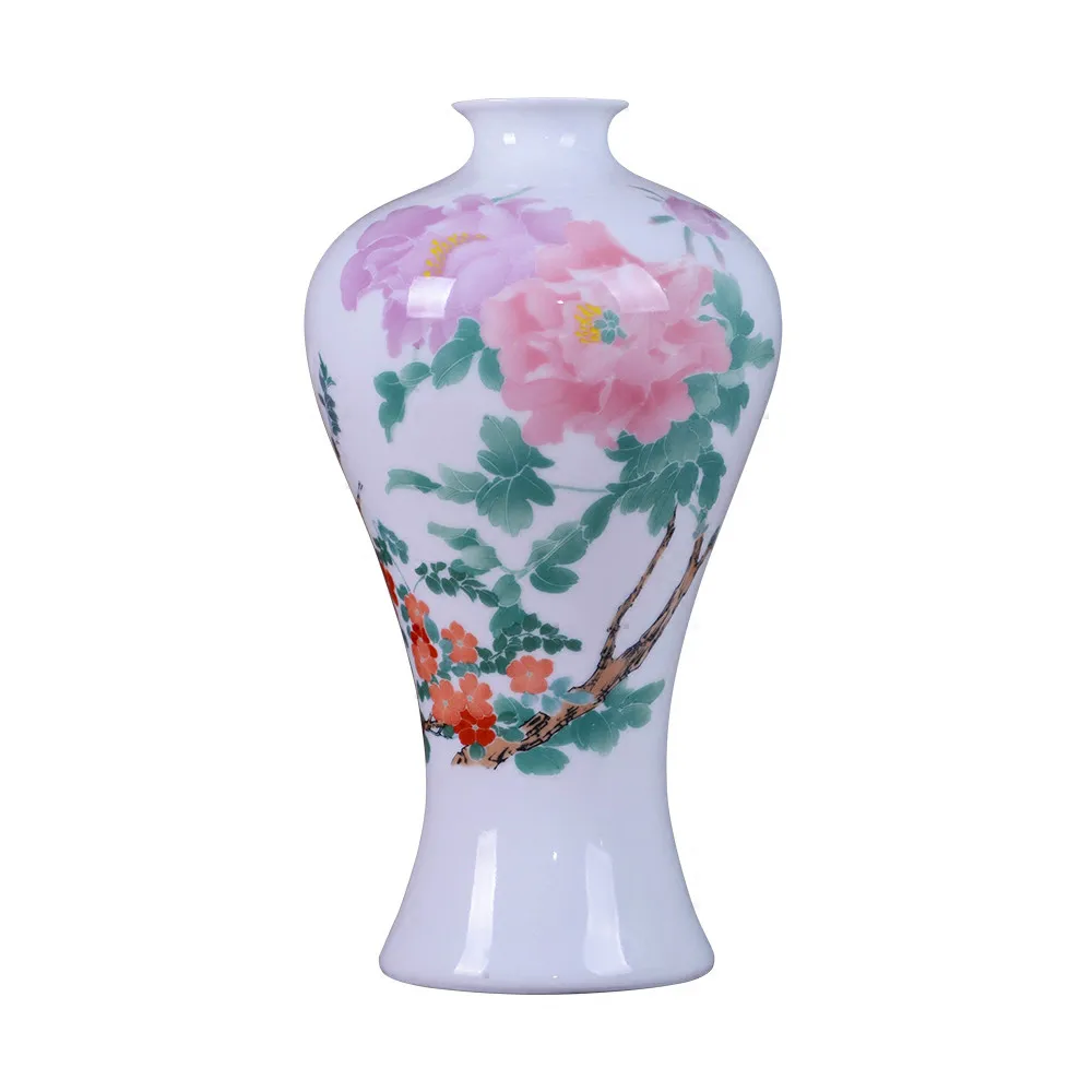 Antique Jingdezhen Thin China Vase With Peony Flowers and Bird Patterns