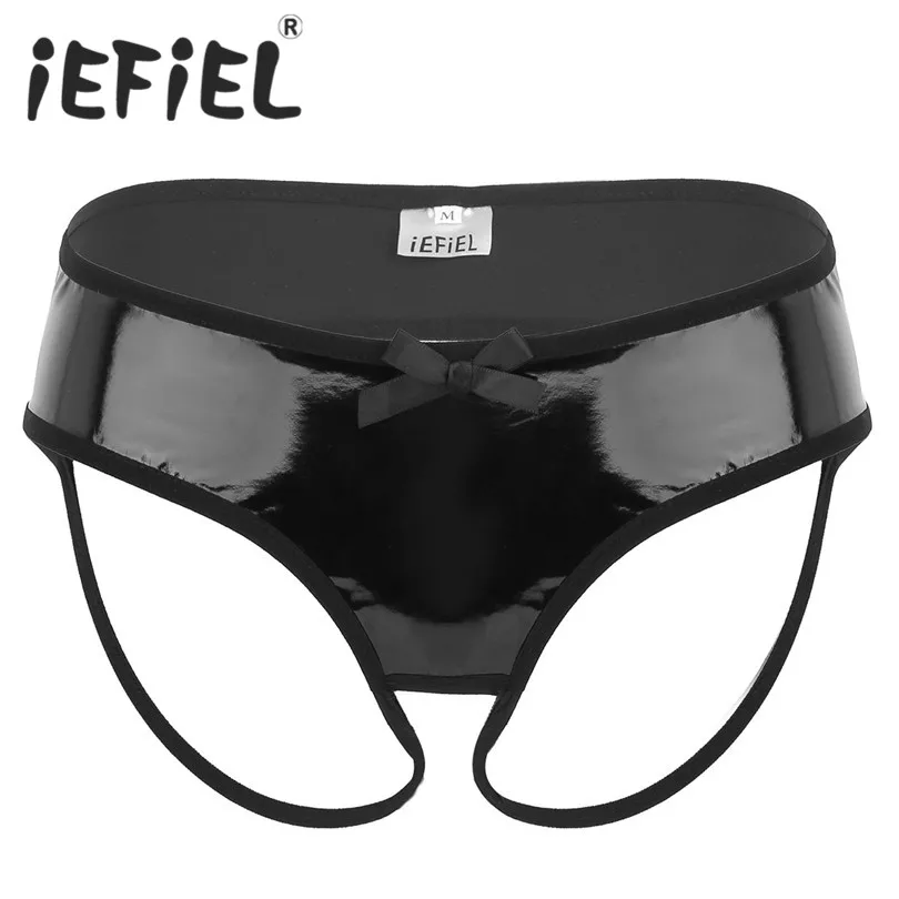 

Sexy Women Female Lingerie Wetlook Faux Leather Crotchless and Open Back Jockstrap Bikini Briefs Underwear Clubwear G-string