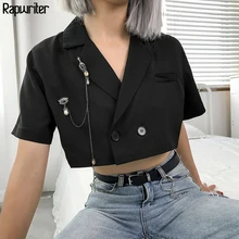 Rapwriter Streetwear Black Notched Single-breasted Blazers Women 2019 Summer Short Sleeve Loose Crop Jacket veste femme blazer