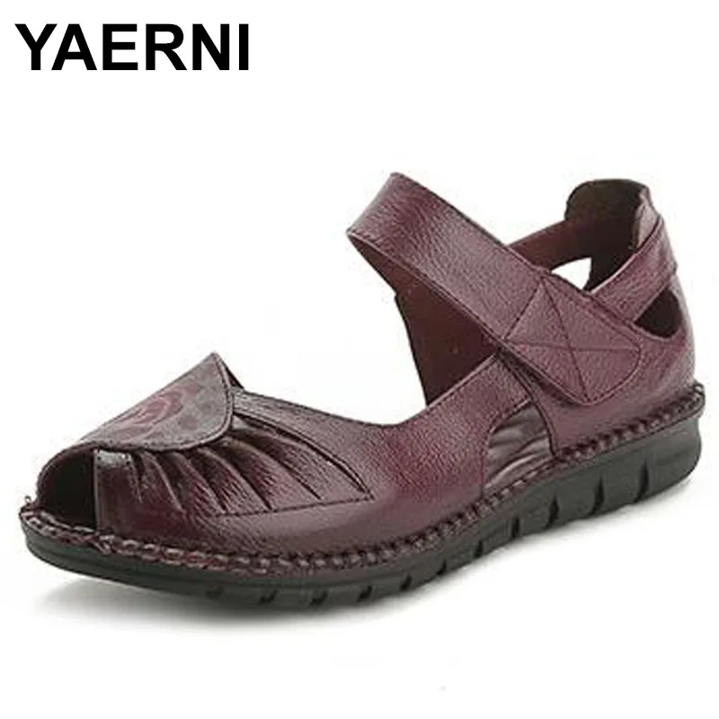 

YAERNI Soft Printing Cow Leather Shoes Fashion Sandals Breathable Comfortable Women Sandals Flat Shoes Fish Head Summer Sandals