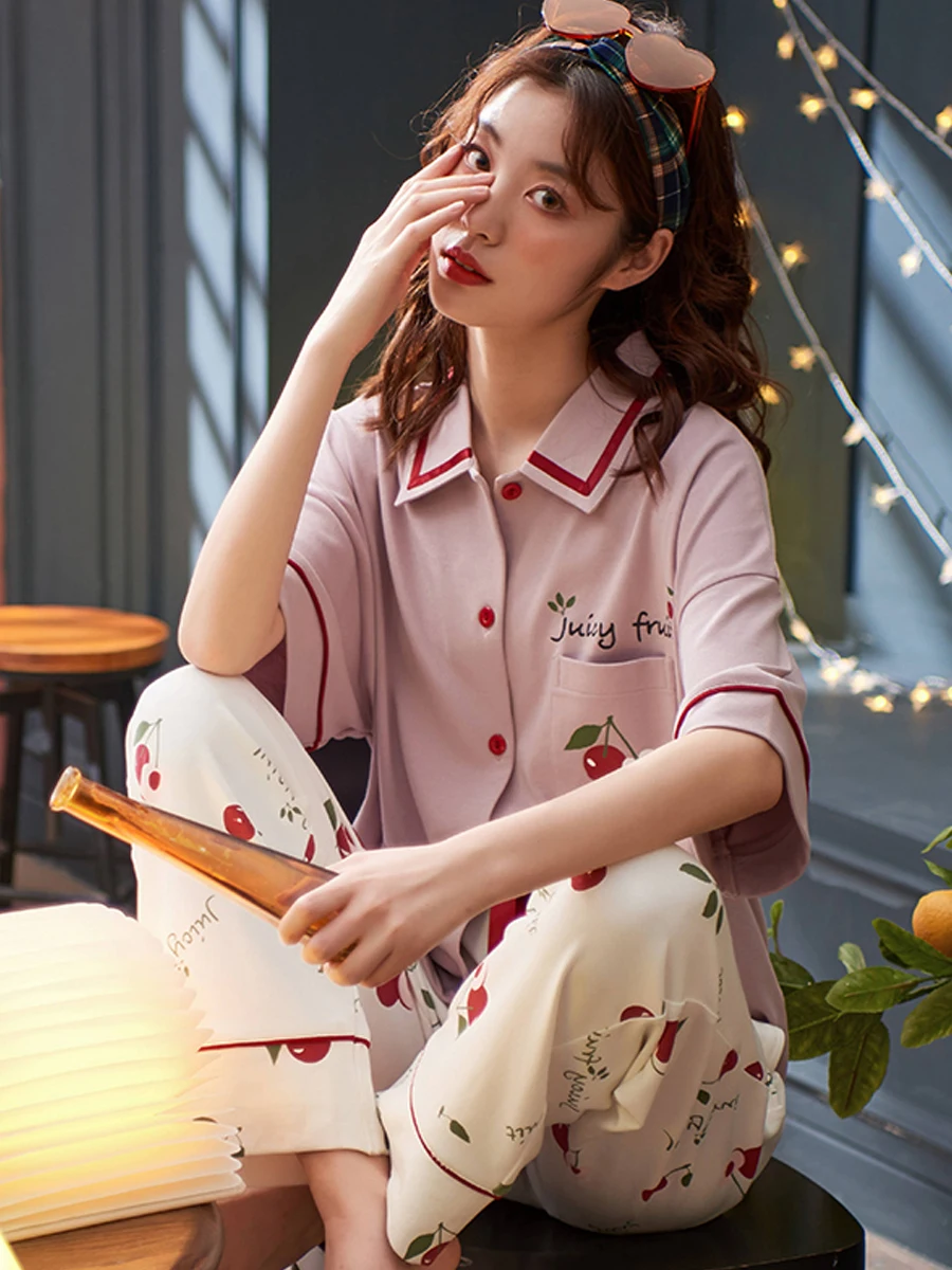 

QWEEK 2019 Cardigan Short Sleeve Nightwear for Women Autumn Long Pants Home Wear Fashion Print Cotton Pajamas Women Two Piece