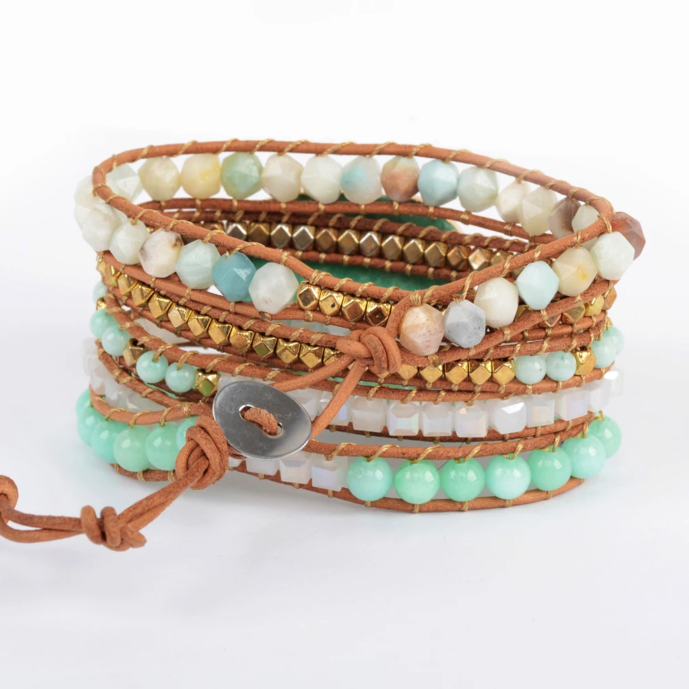 Ceny Gild naturalny amazonit Faceted Charm Wrap bransoletka duży kamień boho skórzana bransoletka 5 nici długa bransoletka przyjaźni Dropship