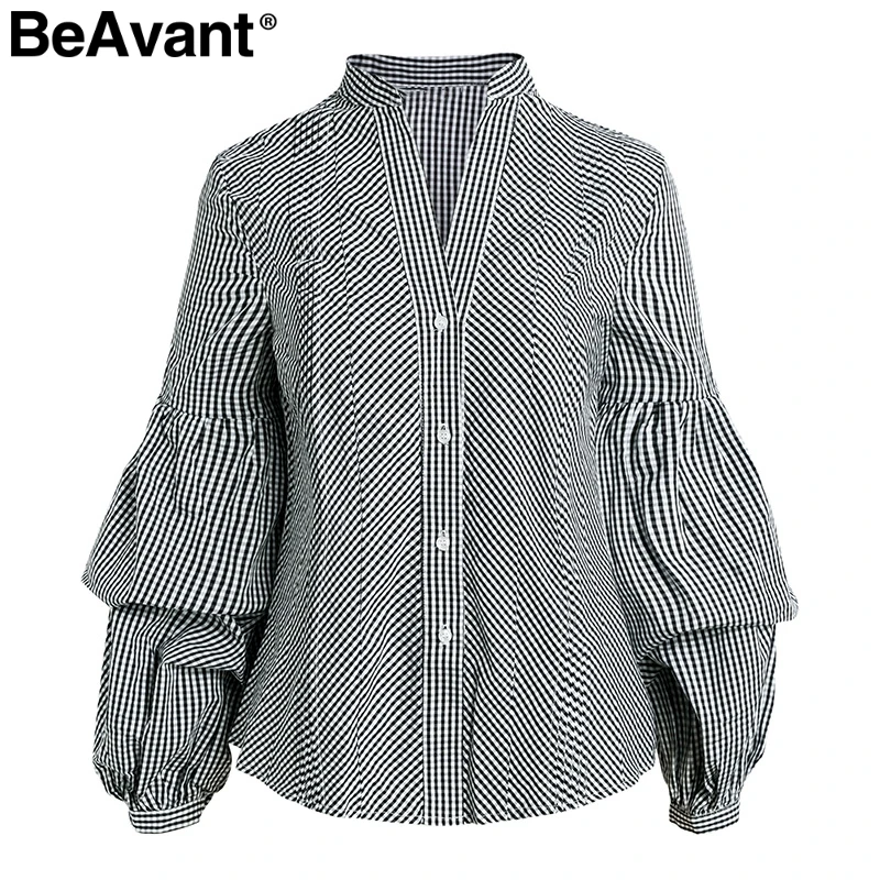 BeAvant Plaid v neck black blouse shirts Women puff sleeve summer blouse tops 2018 Causal striped blue blusas tops shirts female