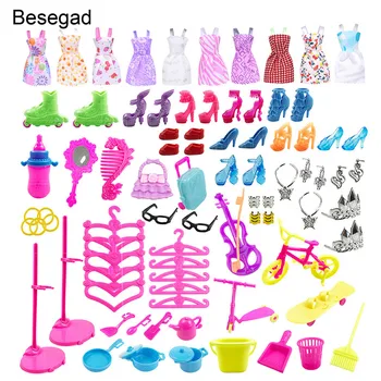 

Besegad 88 pcs MIni Girl Doll Dress High Heels Shoes Clothes Hangers Kitchen Tools Jewelry Crown Hair Accessories for Barbie Toy