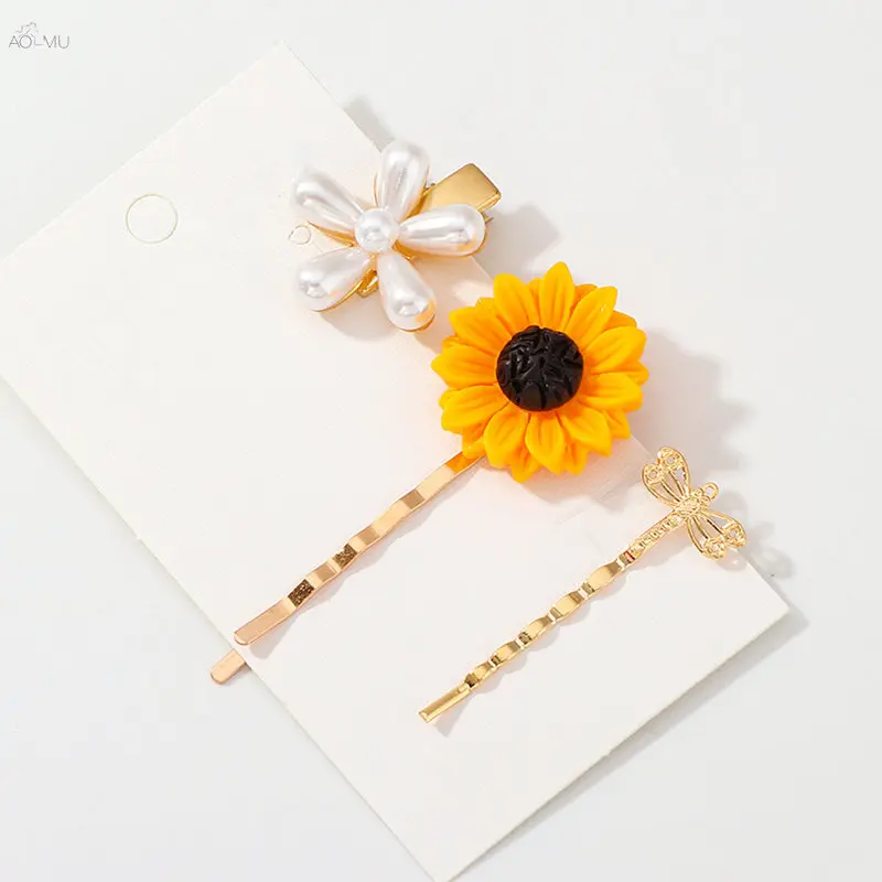 

AOMU 1SET Korea Summer Sunflower Dragonfly Hairpins Hair Clips Imitiation Pearl Flower Hairgrip Women Hair Accessories