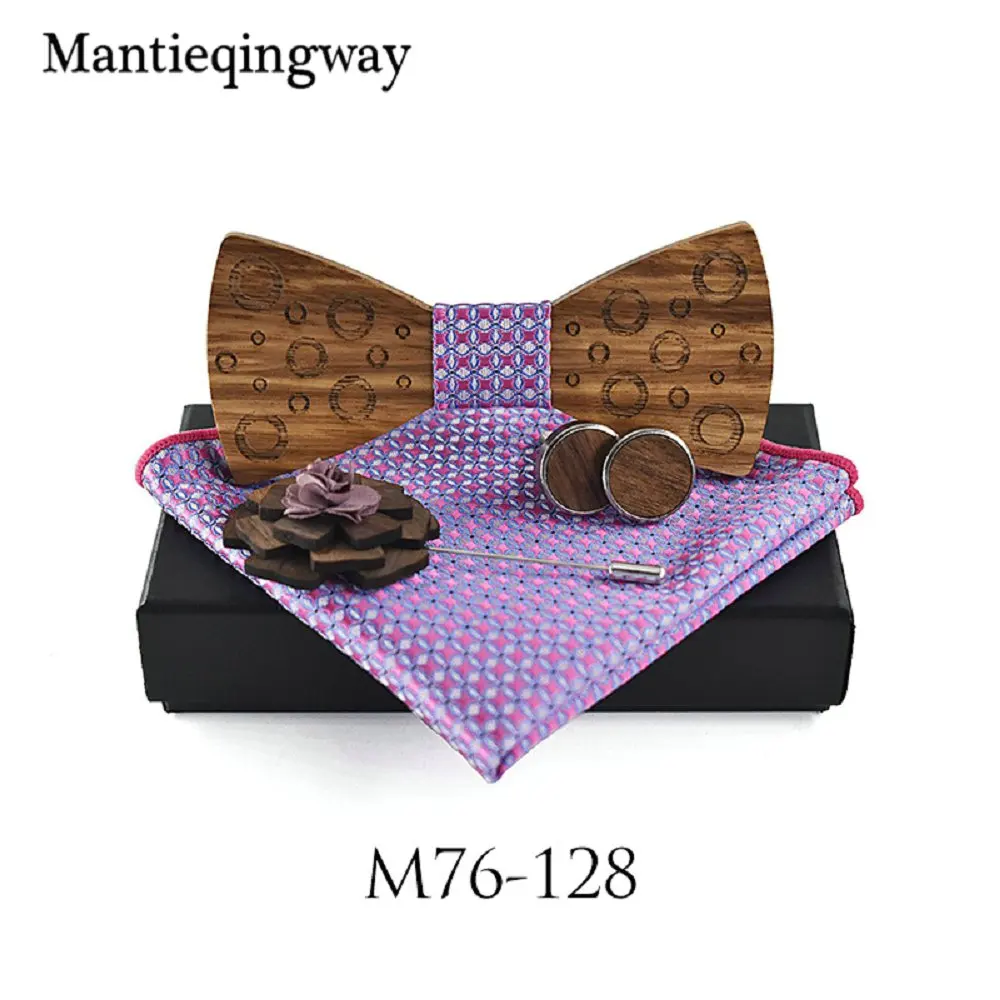 Mantieqingway для мужчин костюм полиэстер бабочка наборы формальный деревянный лук галстук Брошь запонки платок Набор рубашка Bowknots деревянный галстук - Цвет: 128B