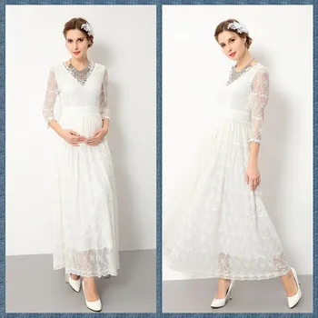 

Elegant Maternity Photography Props Pregnancy Dress Lace Robe V-Neck Maxi Gown Maternity Dress White Women Pregnant Long Dresses