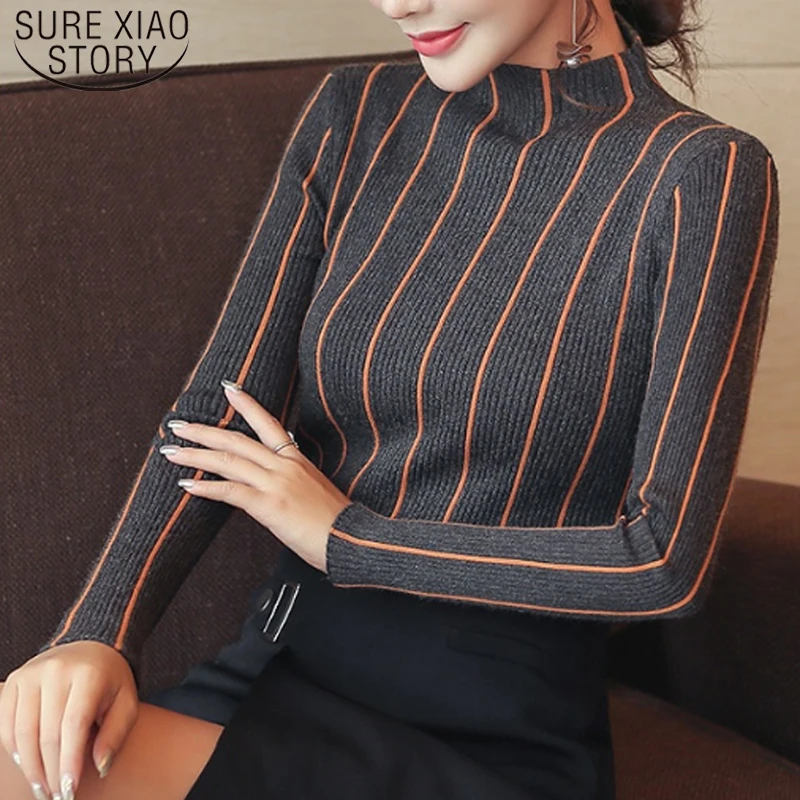 Women's Clothing Pullover Turtleneck Female 2021 Autumn and Winter Striped Women Sweater Bottom Shirt Causal Sweaters 1326 80 | Женская