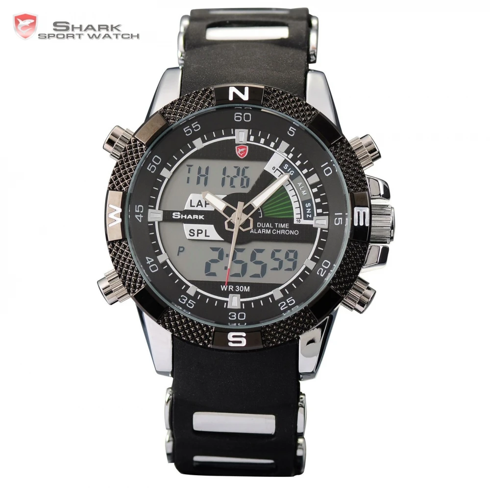 New SHARK Sport Watch Brand Analog Dual Time Stopwatch Alarm Silicone