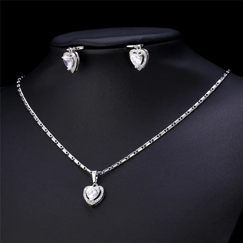 Женский Свадебный комплект из колье и сердца с фианитом|earring necklace set|heart jewelry setsjewelry