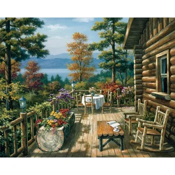 

Painting By Number DIY Shipping Chalet Flowering Landscape Canvas Linen Home Decoration Picture Drawing Acrylic Decor Art 40x50