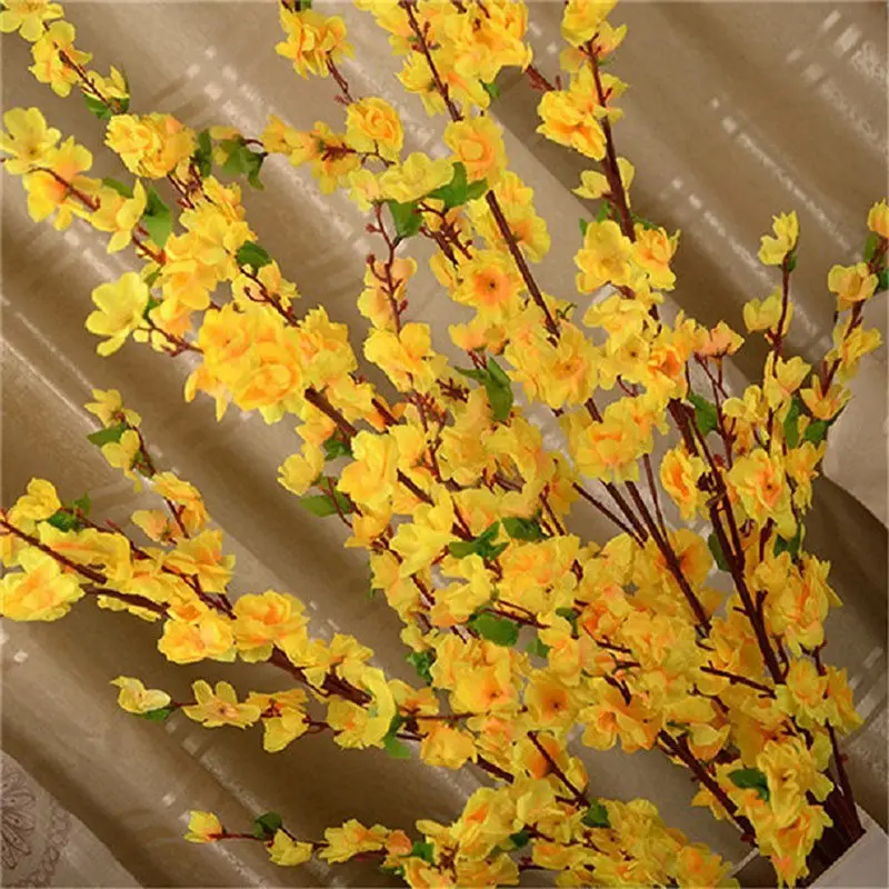 1 шт. 65 см искусственные вишневые весенние сливы Персиковый Цветок ветка Шелковый цветок домашние свадебные декоративные цветы пластиковый персиковый букет - Цвет: Цвет: желтый