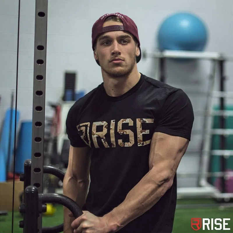 Rise спортивные с коротким рукавом мужские новые фитнес круглый воротник мышцы