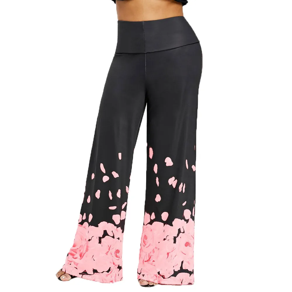 NEW Fashion Womens Casual Wide Leg Trousers Plus Size Rose Petal Printed Loose Pants hot Free Shipping W701