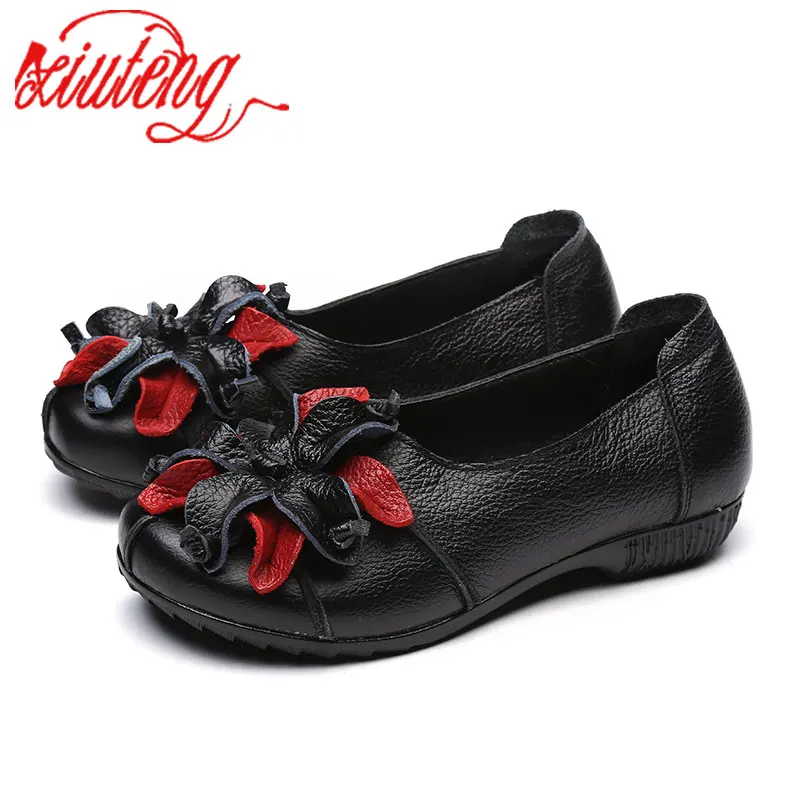 

Xiuteng Summer Autumn Fashion Flower Design Round Toe Mix Color Flat Shoes Vintage Genuine Leather Women Flats Girl Loafer A006