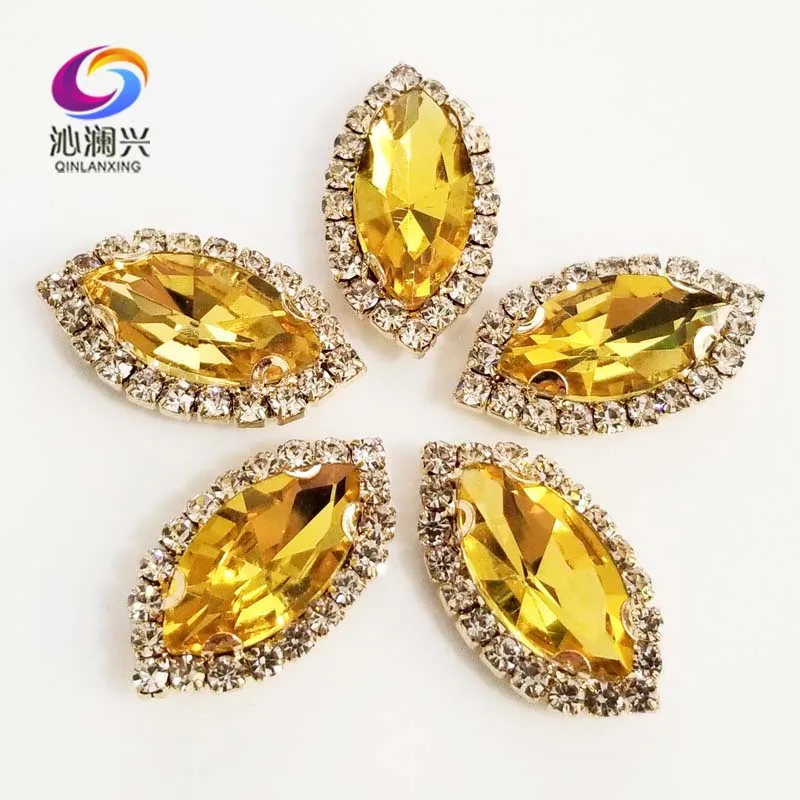 

Gold bottom Golden yellow Top grade Glass Crystal buckle, eye shape sew on rhinestones with holes,Diy/jewelry accessories