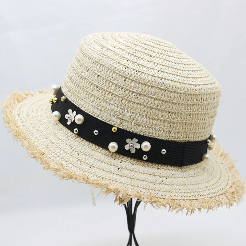 BINGYUANHAOXUAN Лидер продаж+ плоская соломенная шляпа на лето и весну женские дорожные кепки для отдыха жемчужные пляжные шляпы от солнца