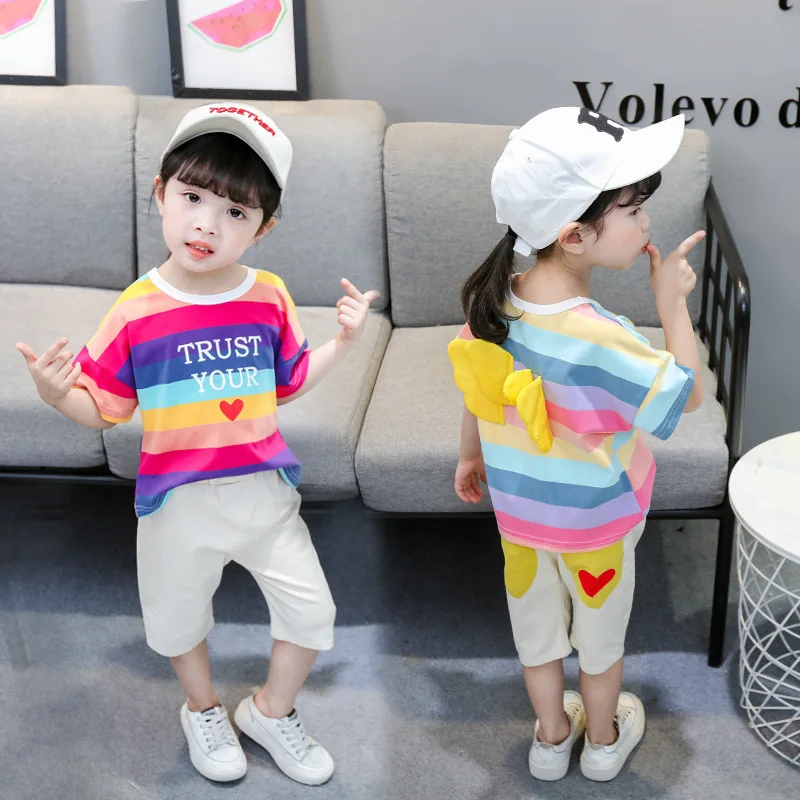 Summer Toddler Cotton Clothing Sets Baby Girls Fashion Clothes Children Rainbow Wings T-Shirt Shorts 2Pcs/Sets Kids Costume