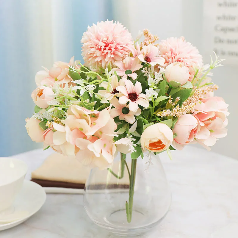 tea roses Silk Peony Artificial Flowers Bouquet Gerbera Daisy Cheap flores Fake Flowers for Home room party Wedding Decoration