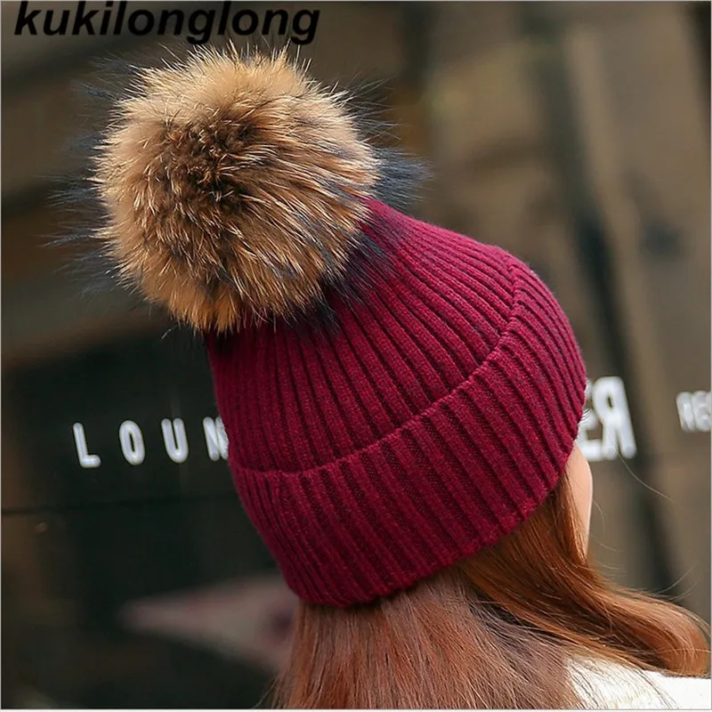 

kukilonglong new winter hats knitted warm hat for women fashion big wool ball beanies thick girls Cashmere pompom caps skullies