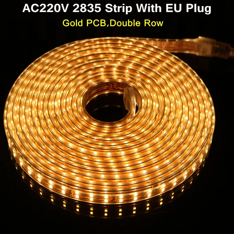 

High Bright Gold PCB AC220V Double Row 156 leds/M 1M-18M SMD 2835 LED Strip flexible LIGHT IP67 Waterproof home decoration Tape
